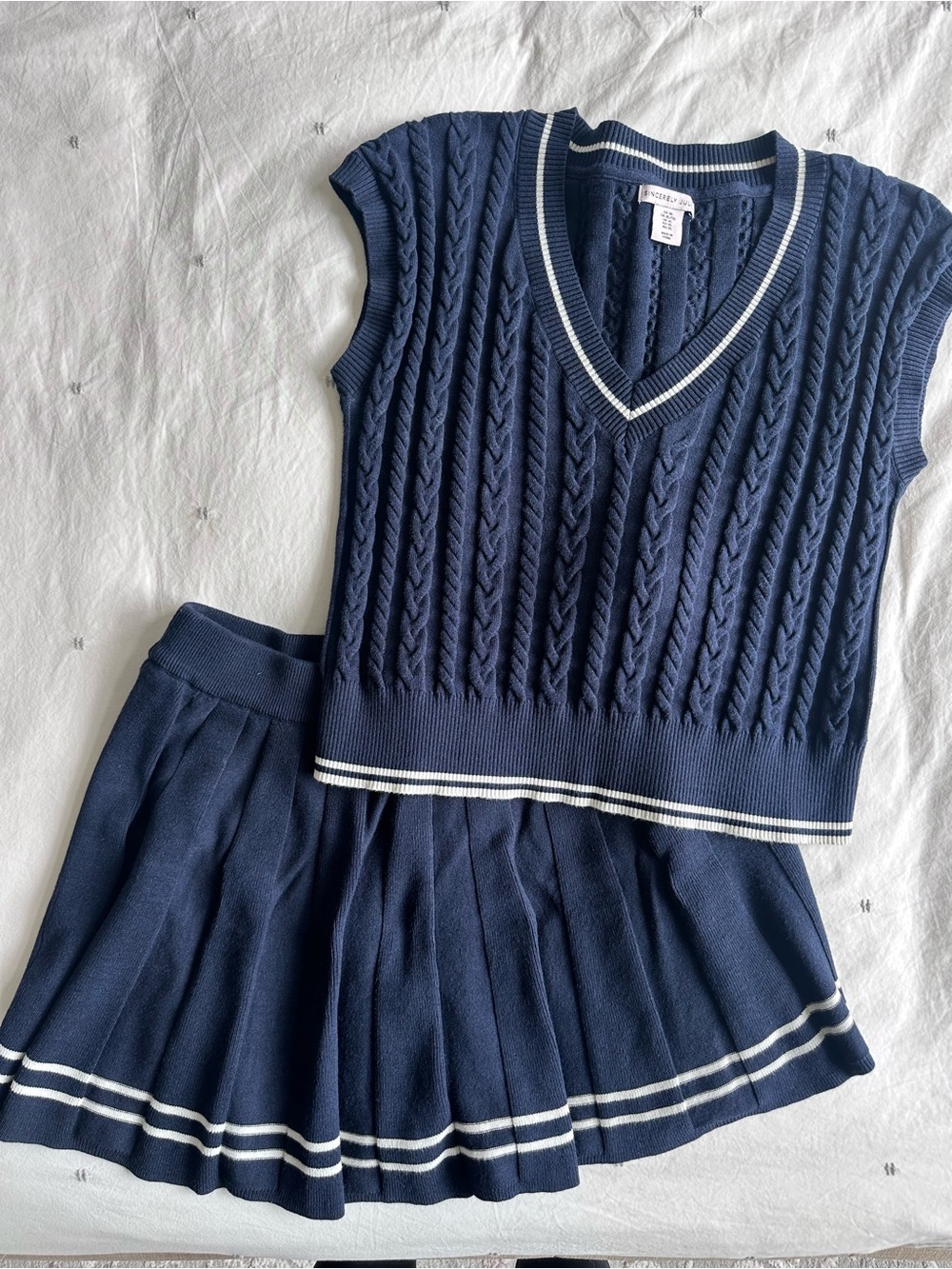 Sincerly Jules Navy Cable Knit V-Neck Vest & Pleated Skirt Set